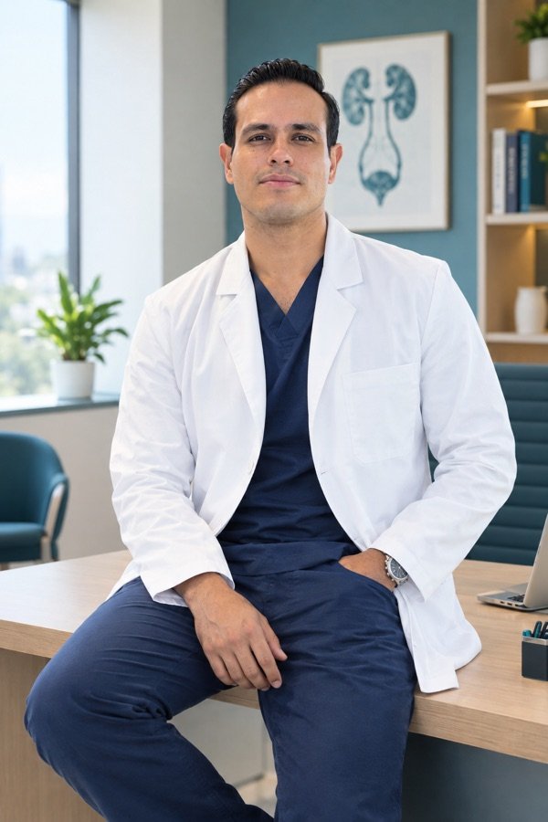 Retrato del médico en bata blanca (imagen provisional generada con IA; pendiente de sustituir por fotografía real aprobada)